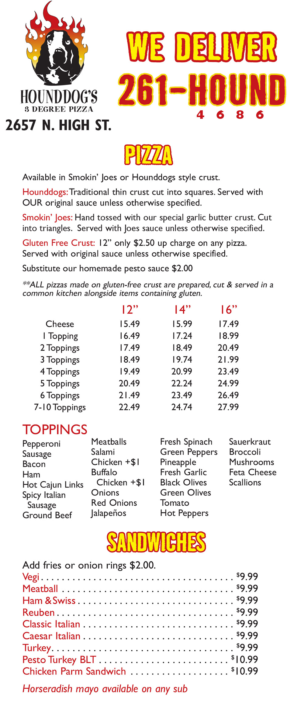 Menu Hounddog's Pizza